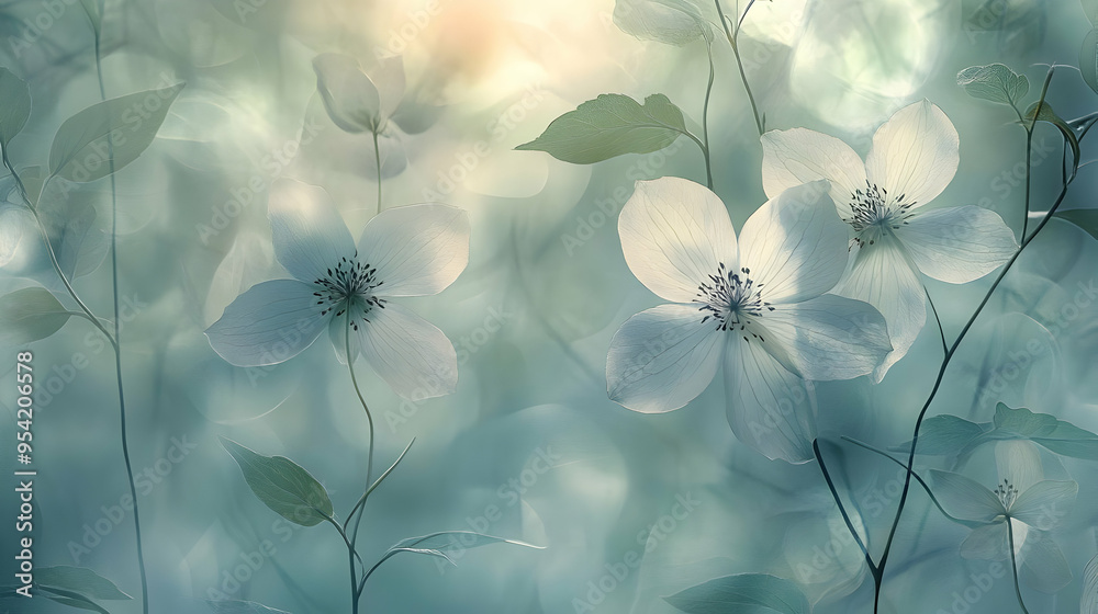 Canvas Prints Delicate white flowers with green leaves on a soft blue background.