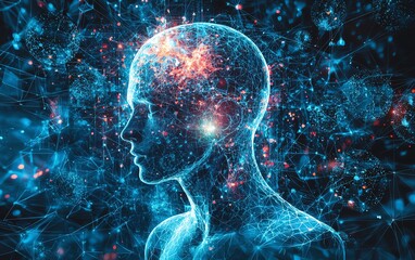 A futuristic digital illustration of a human head filled with glowing data and neural connections, representing artificial intelligence.