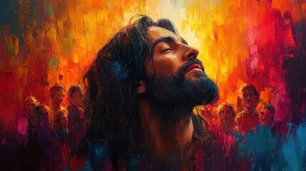 impressioniststyle painting of jesus radiant aura diverse crowd background modern interpretation of divinity