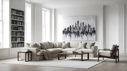 A spacious and bright living room with tall windows letting in natural light, showcasing a minimalist design