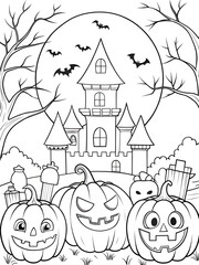 Haunted house and pumpkins line illustration, black and white, for Halloween decor, coloring books or web design