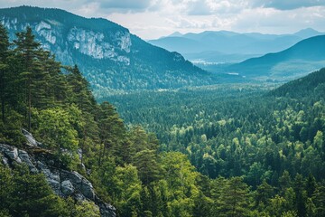 Fototapeta premium Beautiful mountain view with forests and rocks, ai