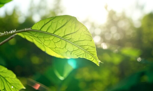 Close-up of a vibrant green leaf with sunlight shining through, showcasing its intricate veins and texture against a blurred natural background.