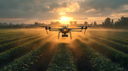Drone spraying a field of crops at sunset.