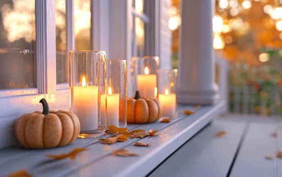 a cozy porch decorated with small pumpkins and lit candles in glass holders, set against a simple white background
