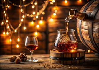 Rich, velvety liquid pours from a decanter into a delicately etched glass, surrounded by rustic wooden barrels and