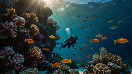 Naklejka premium A scuba diver swims through a vibrant coral reef teeming with colorful tropical fish. Sunlight filters through the water, illuminating the scene and highlighting the diversity of marine life