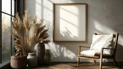 Empty frame with a white cushion chair in a modern rustic interior.