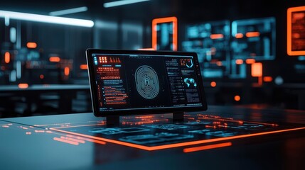 Biometric scanner in a modern tech office, with holographic displays, Futuristic, Realistic, High contrast