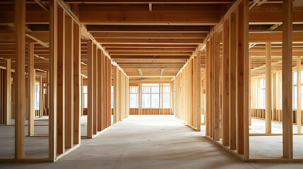 Empty room in a house under construction with wooden framing and beams.