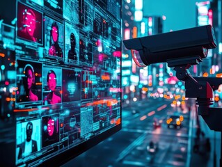 Surveillance system with multiple facial recognition overlays, monitoring a cityscape, Cyberpunk, Digital, Night scene