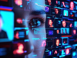 Facial recognition grid over a diverse group of faces, digital interface, High-tech, Realistic, Soft lighting