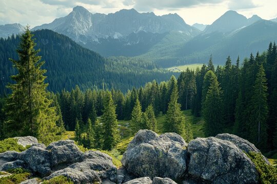 Beautiful mountain view with forests and rocks, ai