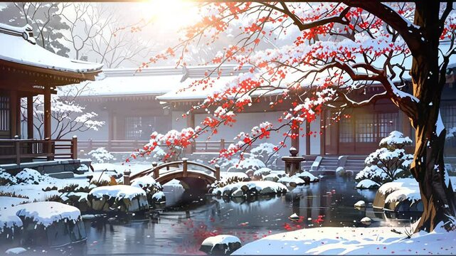 A tranquil Japanese garden in winter with snow-covered roofs and cherry blossoms.