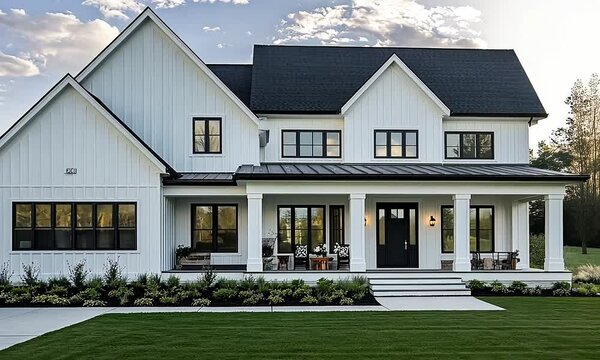 White Modern Farmhouse with Dark Shingled Roof and Black Window Frames, Featuring a Covered Porch and Landscaping