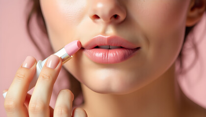 Naklejka premium Woman Applying Pink Lipstick Close-Up Beauty Shot