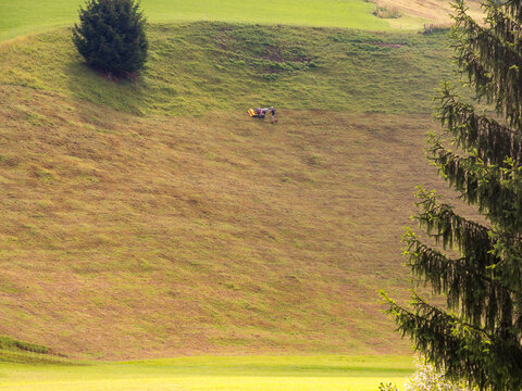 Man on steep hill struggles to mow without toppling