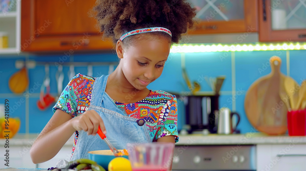 Wall mural little girl cooking at home, enjoying a fun and colorful culinary experience