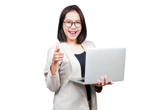 Asian smiling Businesswoman pointing isolated transparent