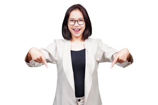 Asian smiling Businesswoman pointing isolated transparent