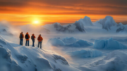 Four hikers stand on a snowy mountain ridge, gazing at a stunning sunset over a frozen landscape.