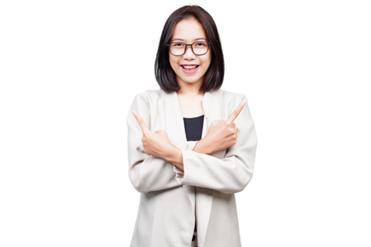 Asian smiling Businesswoman pointing isolated transparent
