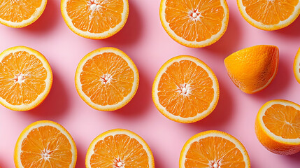 Fototapeta premium Fresh orange slices on a pink background.