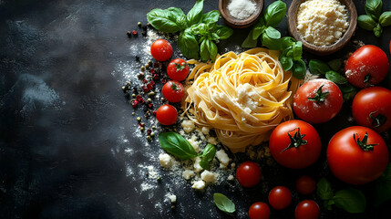 Fresh pasta with tomatoes, basil, and spices on a dark background.