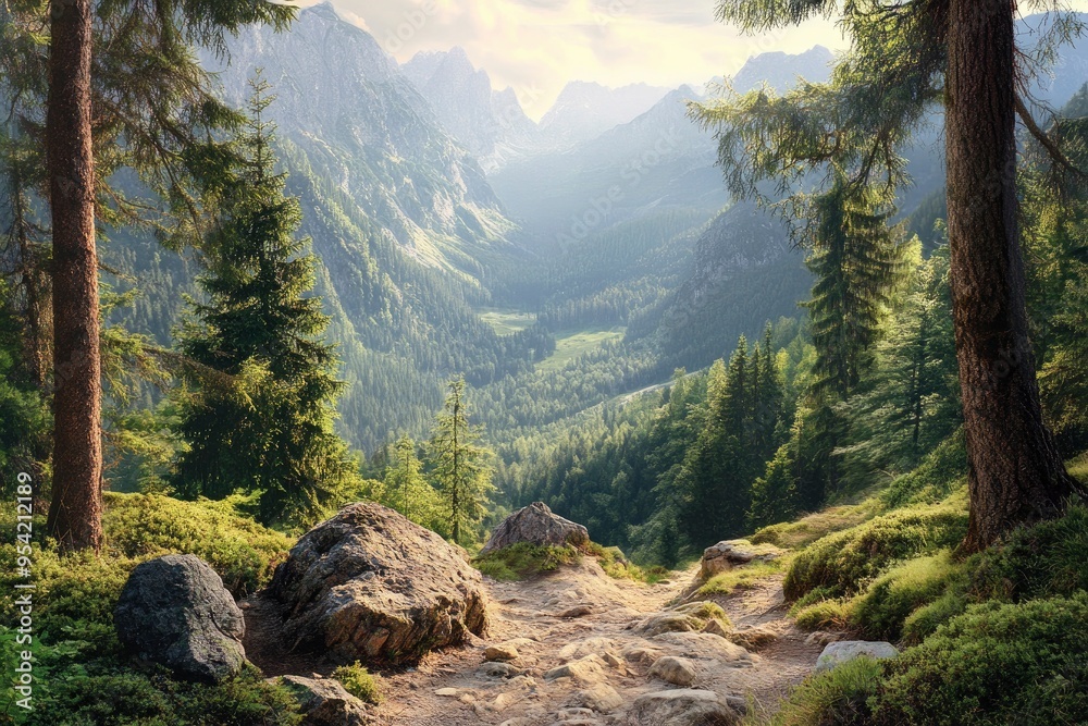 Wall mural Beautiful mountain view with forests and rocks, ai