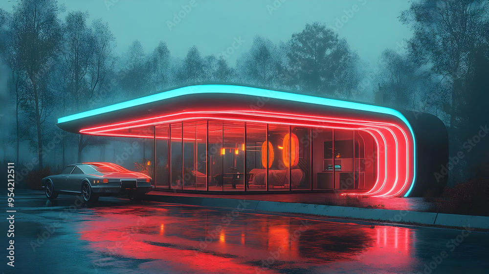 Poster Futuristic building with neon lights and a classic car parked in front of it.