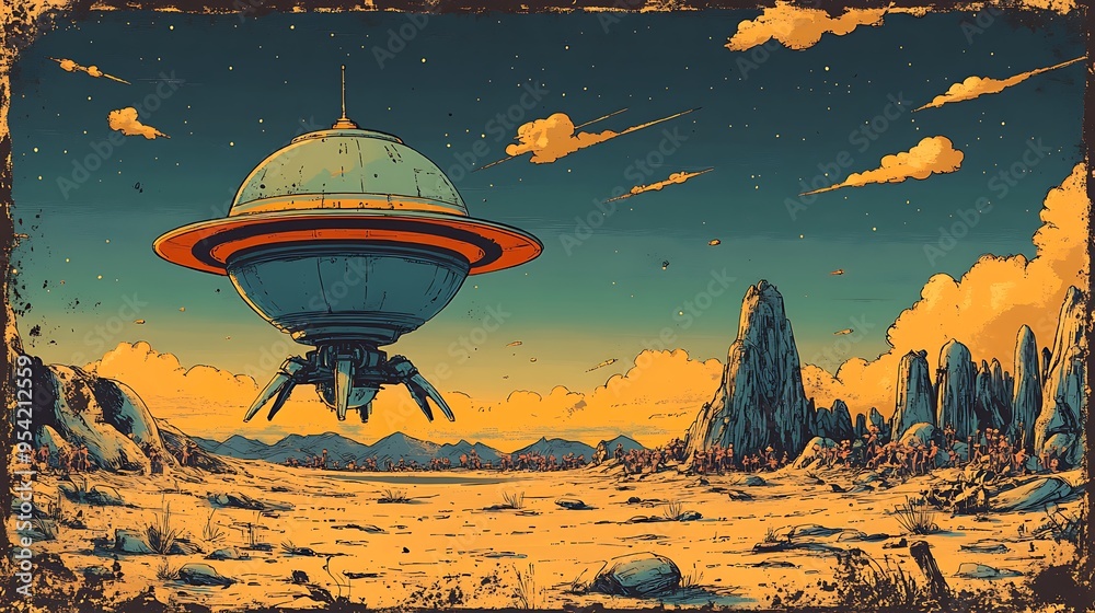 Wall mural retro futuristic spaceship landing on a desert planet.