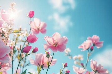 Spring flowers fly on a blue sky background. Beautiful pastel pink flower arrangement. Summer wallpaper , ai