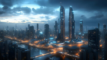 Fototapeta premium Futuristic cityscape with glowing buildings at dusk.