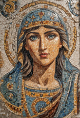 Mosaic wall art in byzantine style, lady in focus