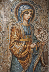 Obraz premium Mosaic wall art in byzantine style; lady and cat in focus