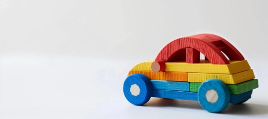 car built from a children's wooden multi-colored construction set on a white background