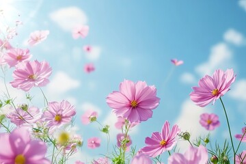 Fototapeta premium Spring flowers fly on a blue sky background. Beautiful pastel pink flower arrangement. Summer wallpaper , ai