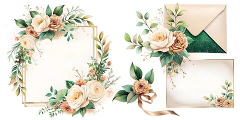 Fototapeta premium Embroidered watercolor wedding invitation modern set with emerald and gold textures,