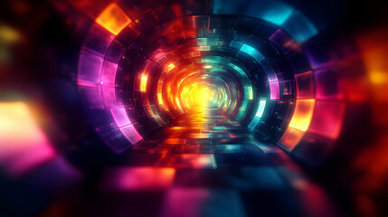 Futuristic tunnel with neon lights and colorful tiles.