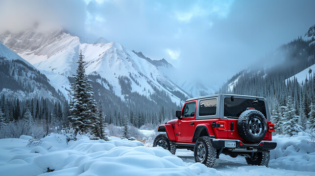 Photo of an off-road vehicle in a snowy forest. In the background is a pine tree perfect for a Christmas tree. Created with Generative AI technology