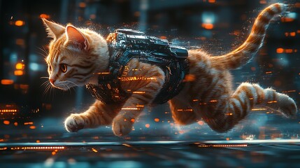 Futuristic Cat Running Through a Neon City.