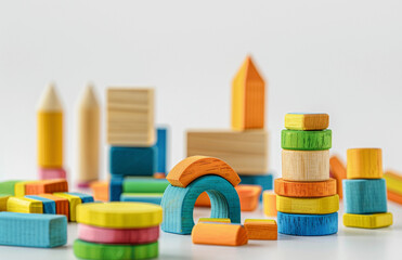 children's wooden multi-colored construction set on a white background