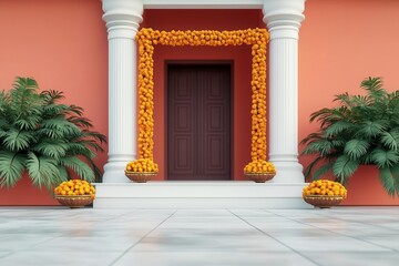 Fototapeta premium Ancestral home during Diwali, entrance decorated with marigold garlands, illustration