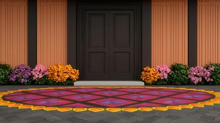 Diwali rangoli pattern in front of a traditional house, colorful flowers, illustration