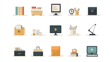Design a collection of office icons, featuring symbols for computers, desks, and office supplies.