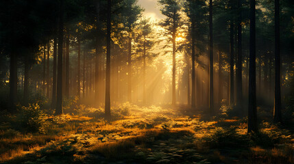 Obraz premium Golden sunlight beams through a dense forest, illuminating the ground with warmth.