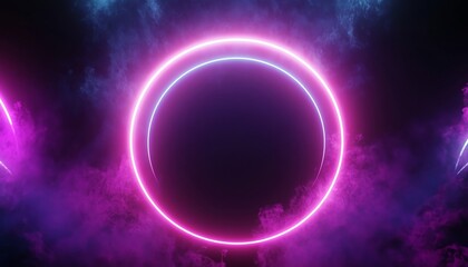 Obraz premium A vibrant neon circle surrounded by colorful fog, perfect for backgrounds, designs, or futuristic themes.