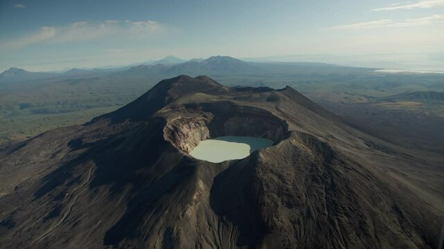 volcano crater with a lake inside, small semyachik, Kamchatka