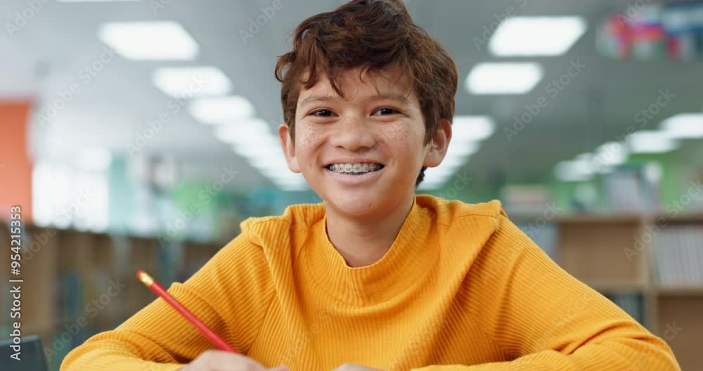 Poster Boy, education and happy at library in school with notebook for assessment or assignment. Kid, studying and smile or proud on portrait with stationery for child growth and brain development