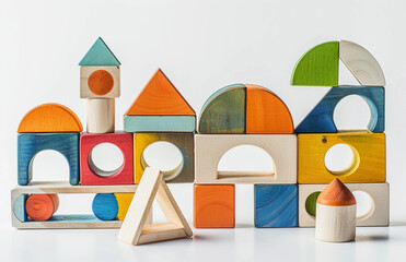 children's wooden colorful construction set on a white background